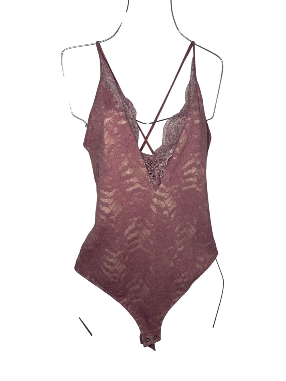 Express Mauve Lace Plunge Bodysuit with Crisscross Detail